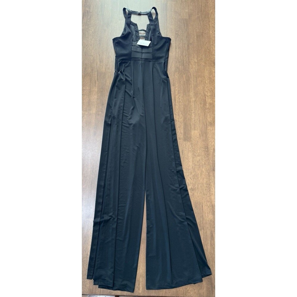 Ark & Co Black Halter Cutout Wide Leg Jumpsuit Faux Leather Trim NWT Small Sexy - Picture 14 of 14